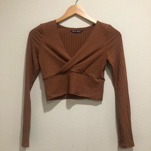 Brown cropped long sleeve shirt from shein
